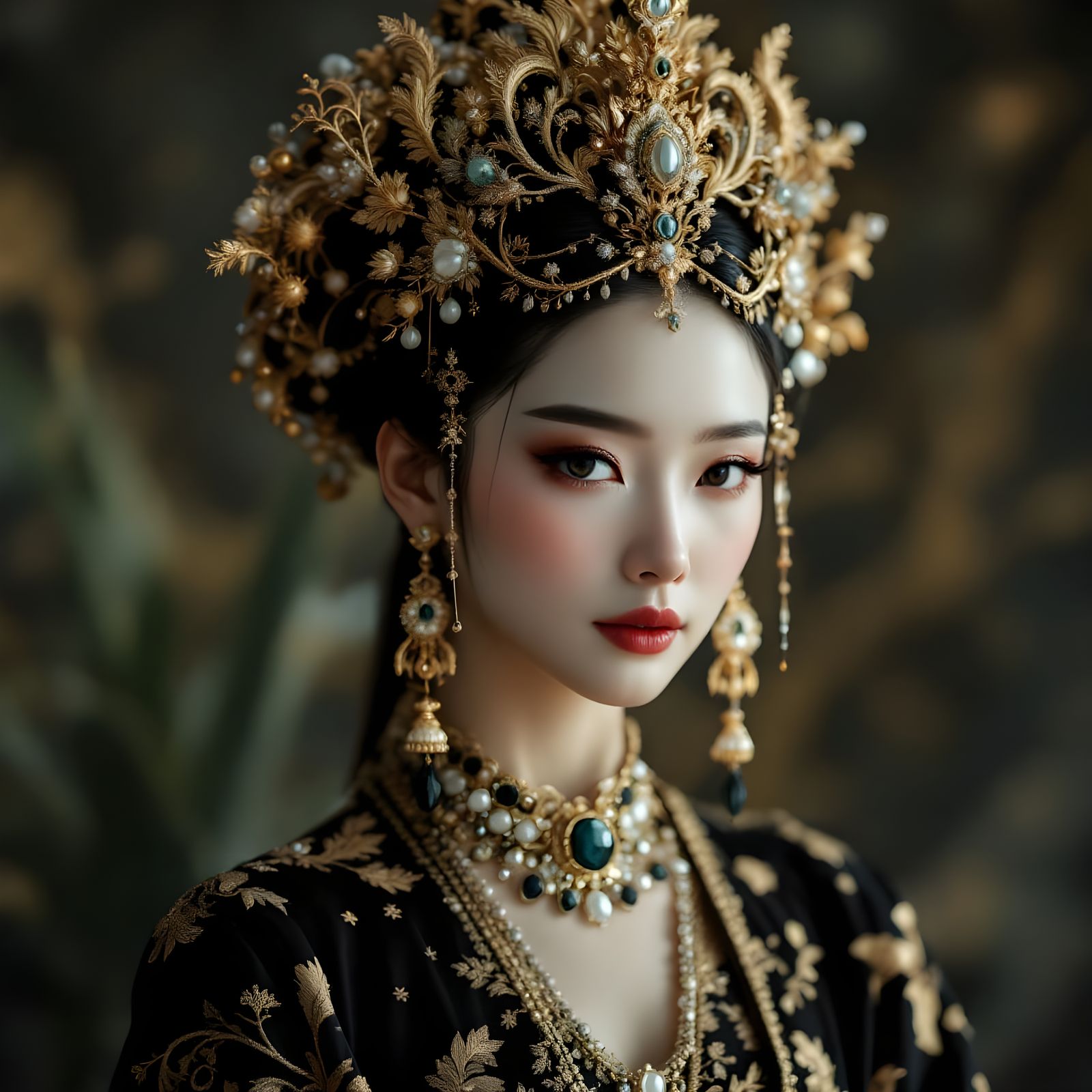 Woman in Black Dress with Gold Crown, Traditional Beauty