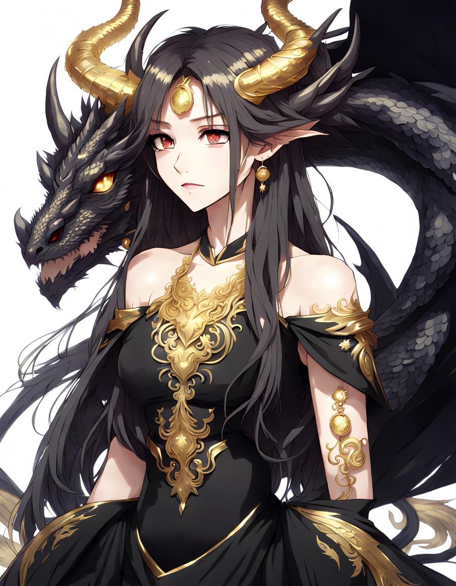 Dragon Woman in Black Dress: Anime Style