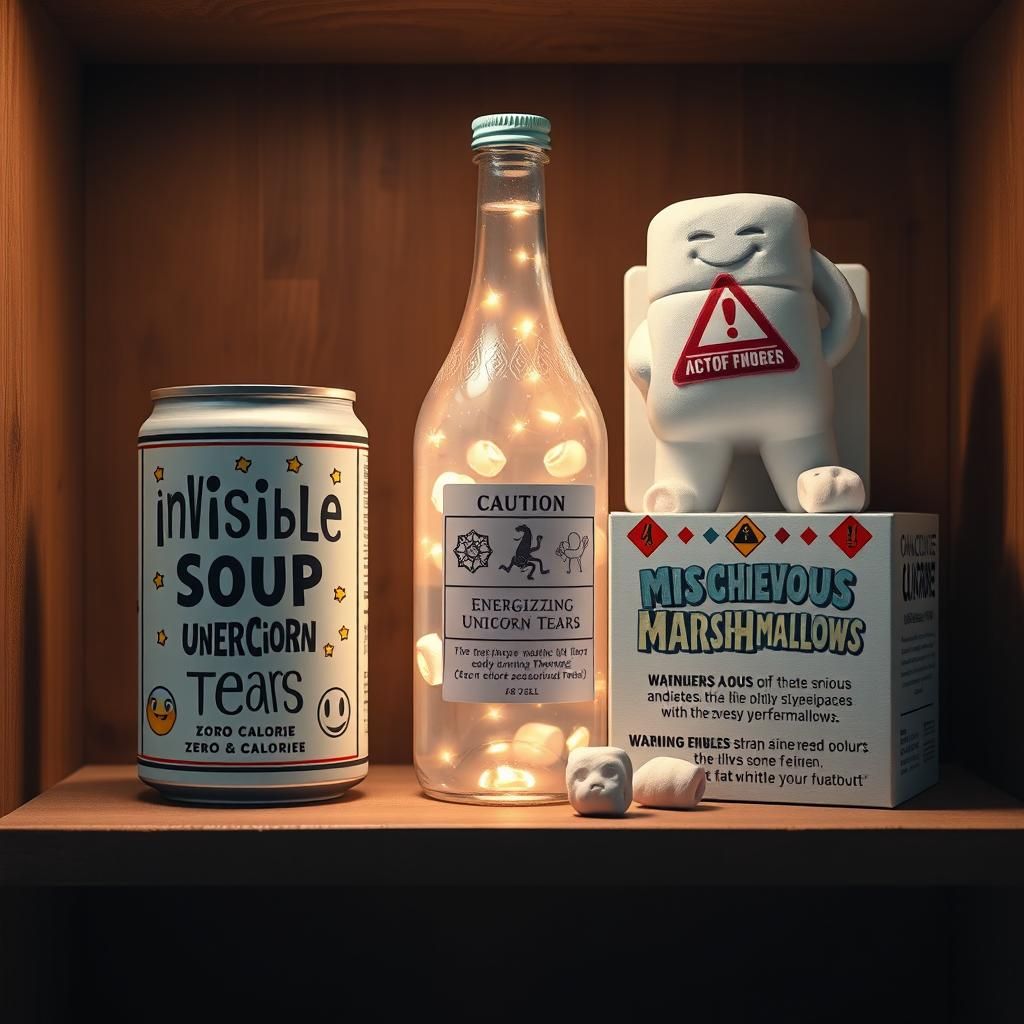 Whimsical Products on a Shelf in Surreal Style