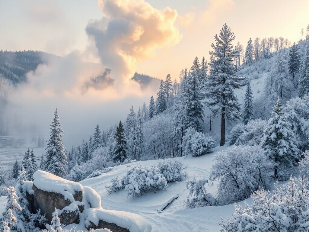 Snowy Yellowstone Park in Winter Fantasy Landscape