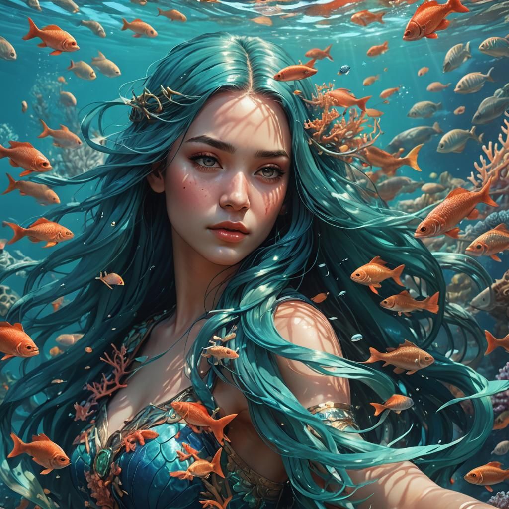 Blue-Haired Mermaid in Turquoise Sea: Digital Art