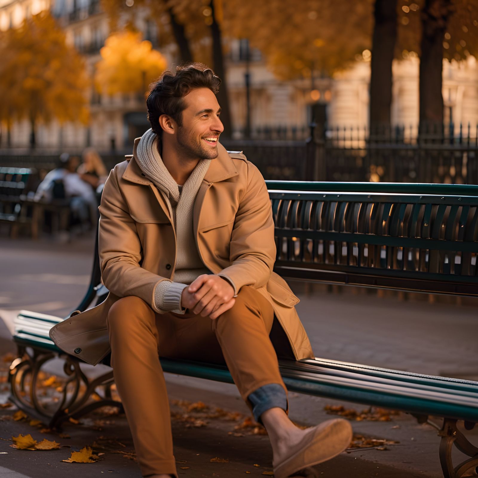 Barefoot Man Smiling on Paris Bench in Autumn