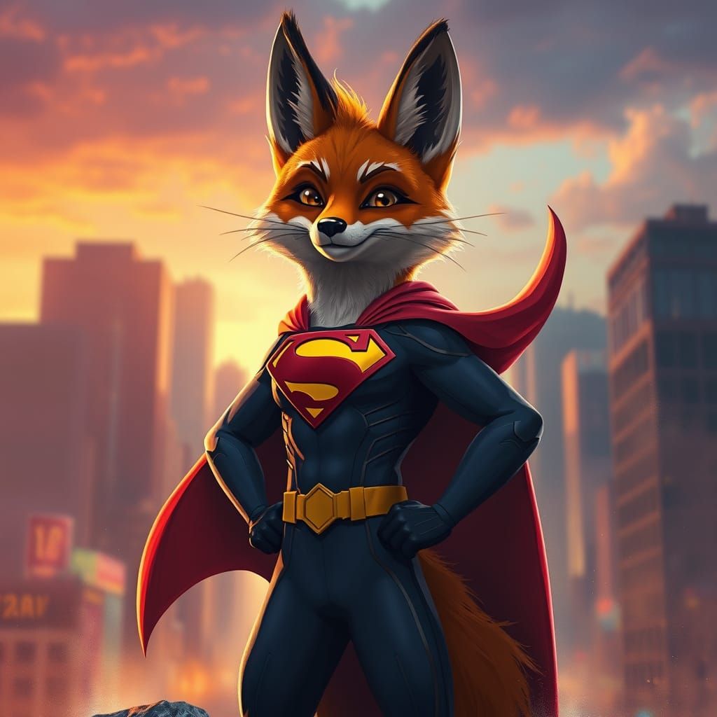 Cinematic Fox Superhero in Sunset Cityscape