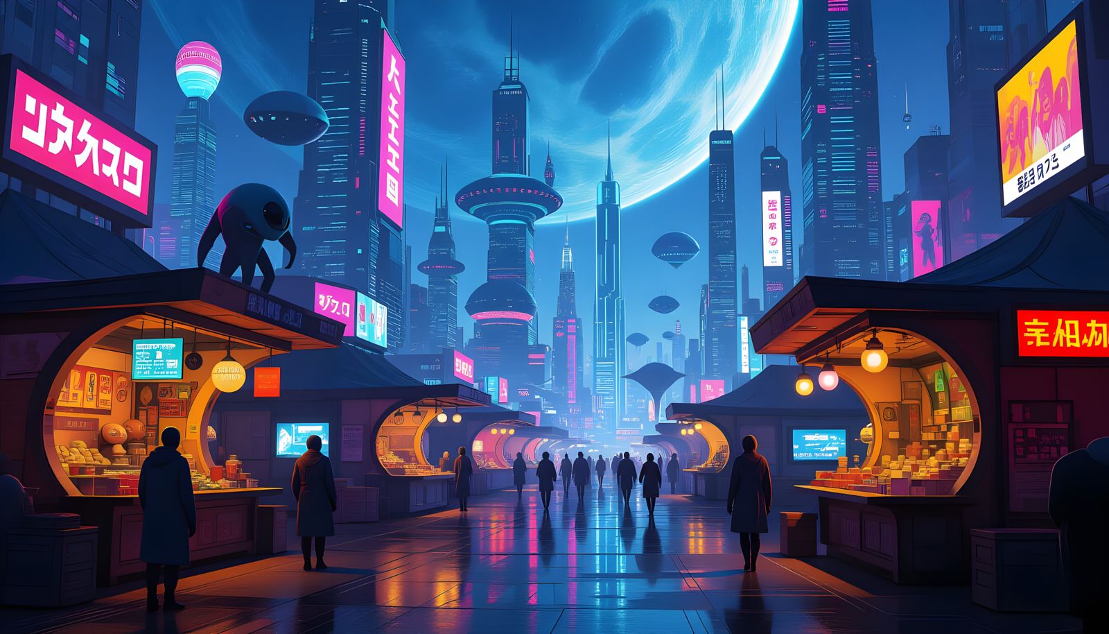 Vibrant Alien Market on Pleiadian Star, Retro-Futurism