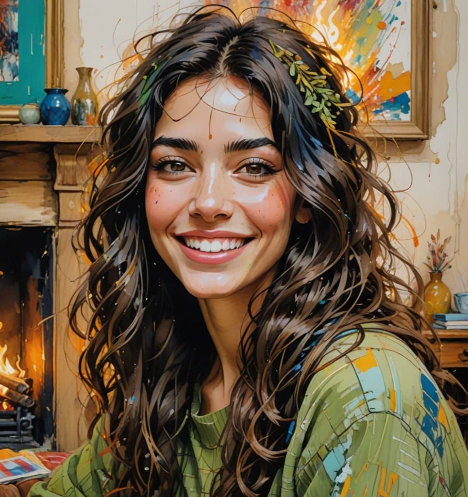 Youthful Girl Smiles by Fauvist Fireplace