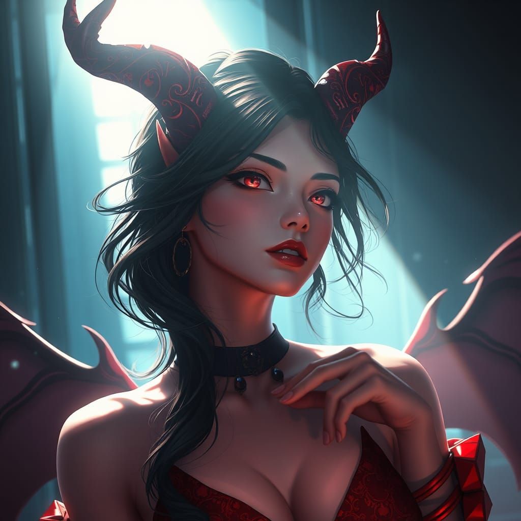 Anime Devil Woman with Red Skin and Black Horns