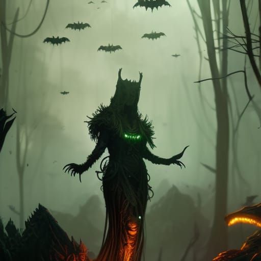 Robotic Swamp Druid with Bats in Dark Fantasy Style