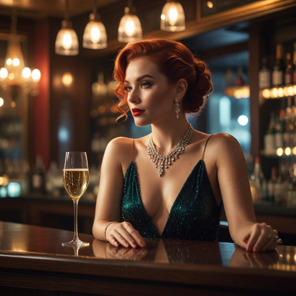 Old-School Hollywood Glamour: Red-Haired Siren Toasts to Lux...