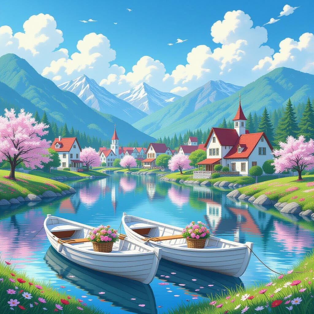 Pastel Village Scene with Rowboats