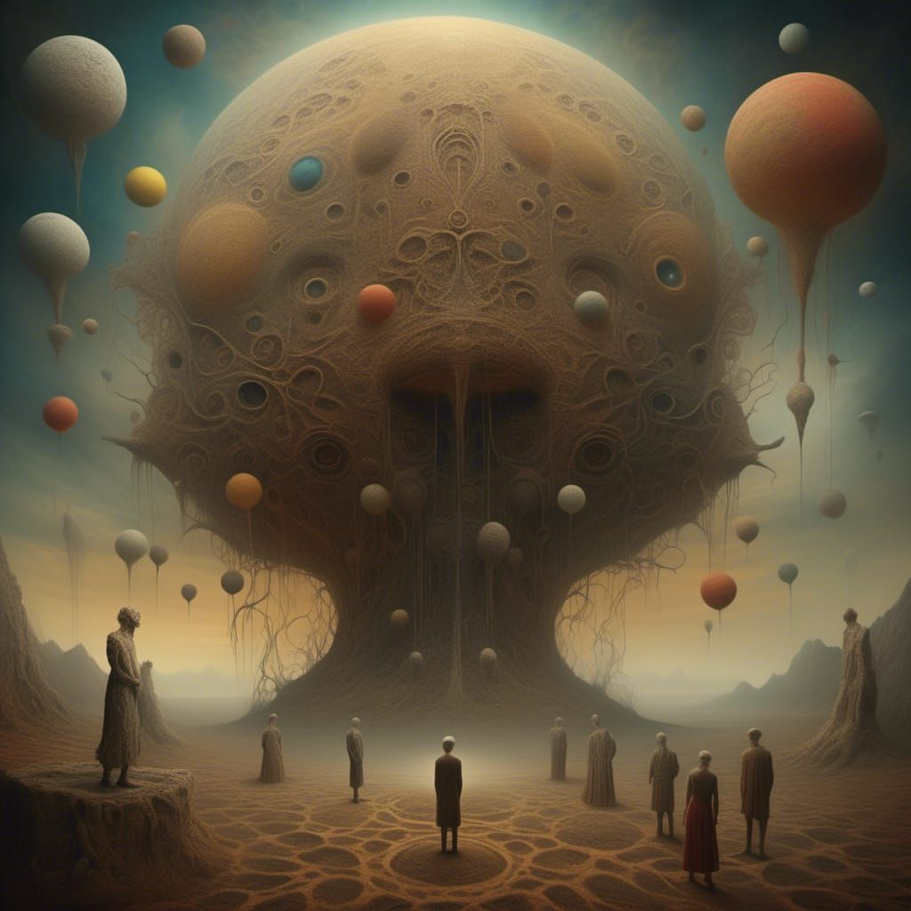 Surreal Figures Interact in Dreamlike Oil Painting