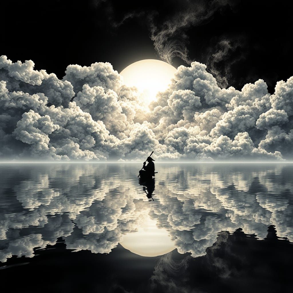 Samurai Reflection in Ink-Infused Clouds