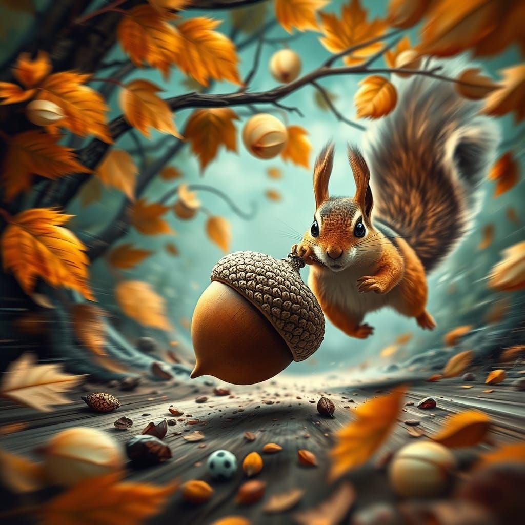 Whimsical Acorn Chase in Vibrant Autumn Colors