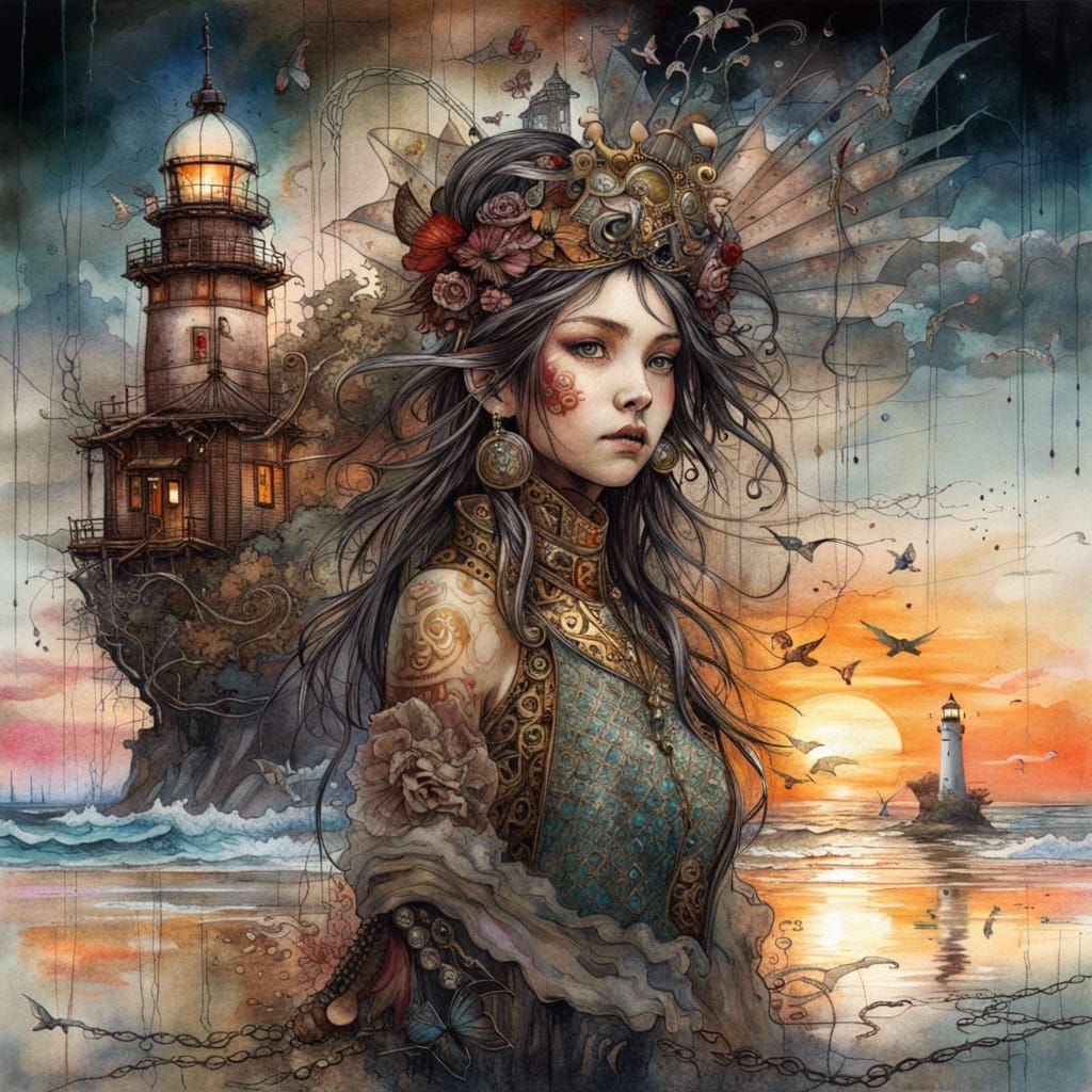 Surreal Japanese Princess in Dark Fantasy Sunset