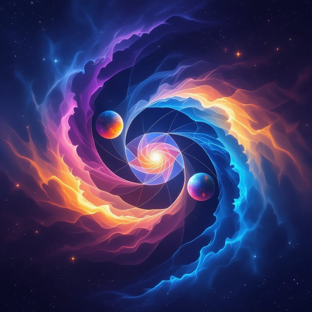 Cosmic Vortex of Iridescent Celestial Bodies