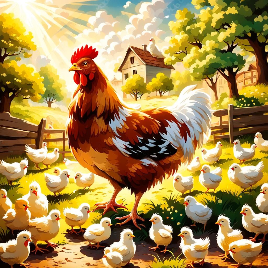Mother Hen and Chicks in Sunlit Village