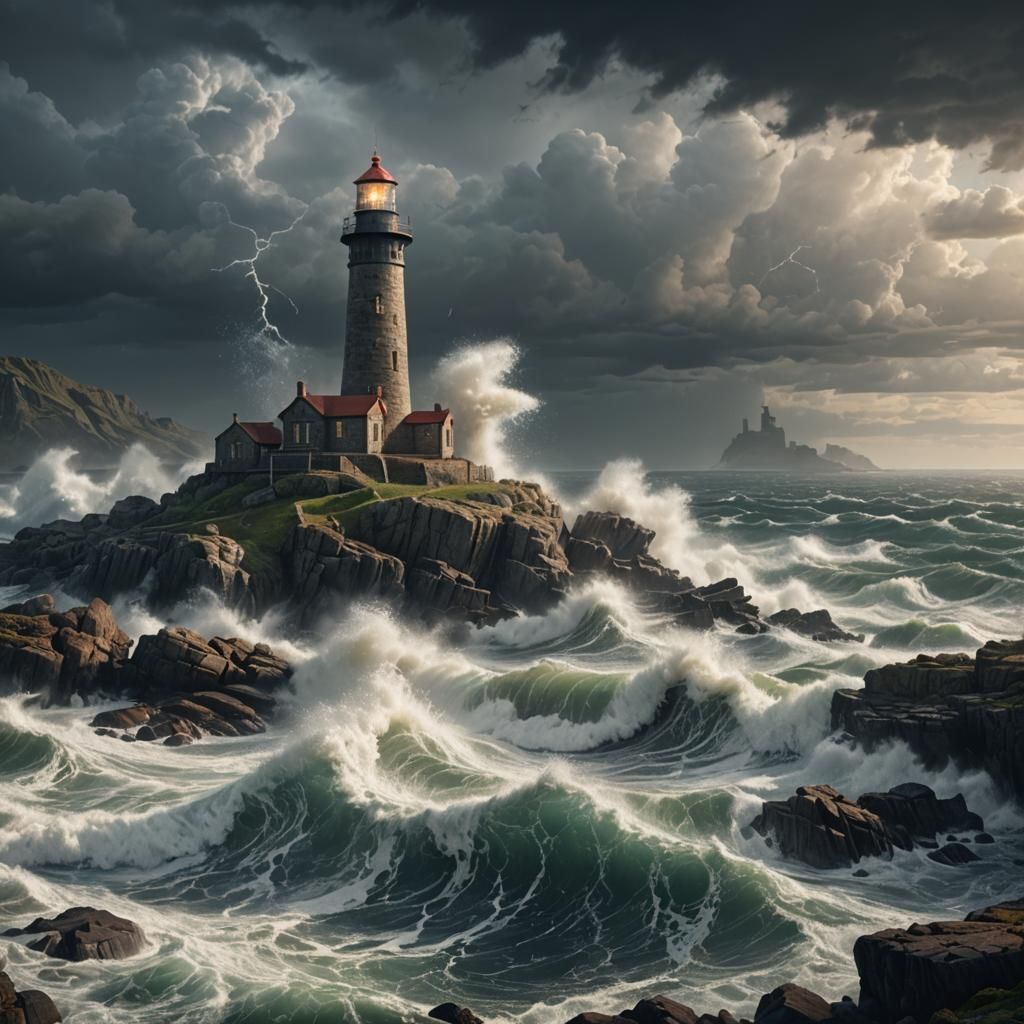 Stormy Seascape: Lighthouse Point in Detailed Digital Painti...