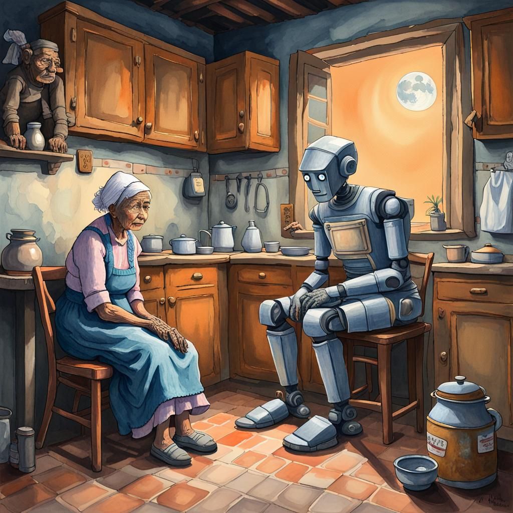 Sad Robot Butler and Woman in Haunted Kitchen