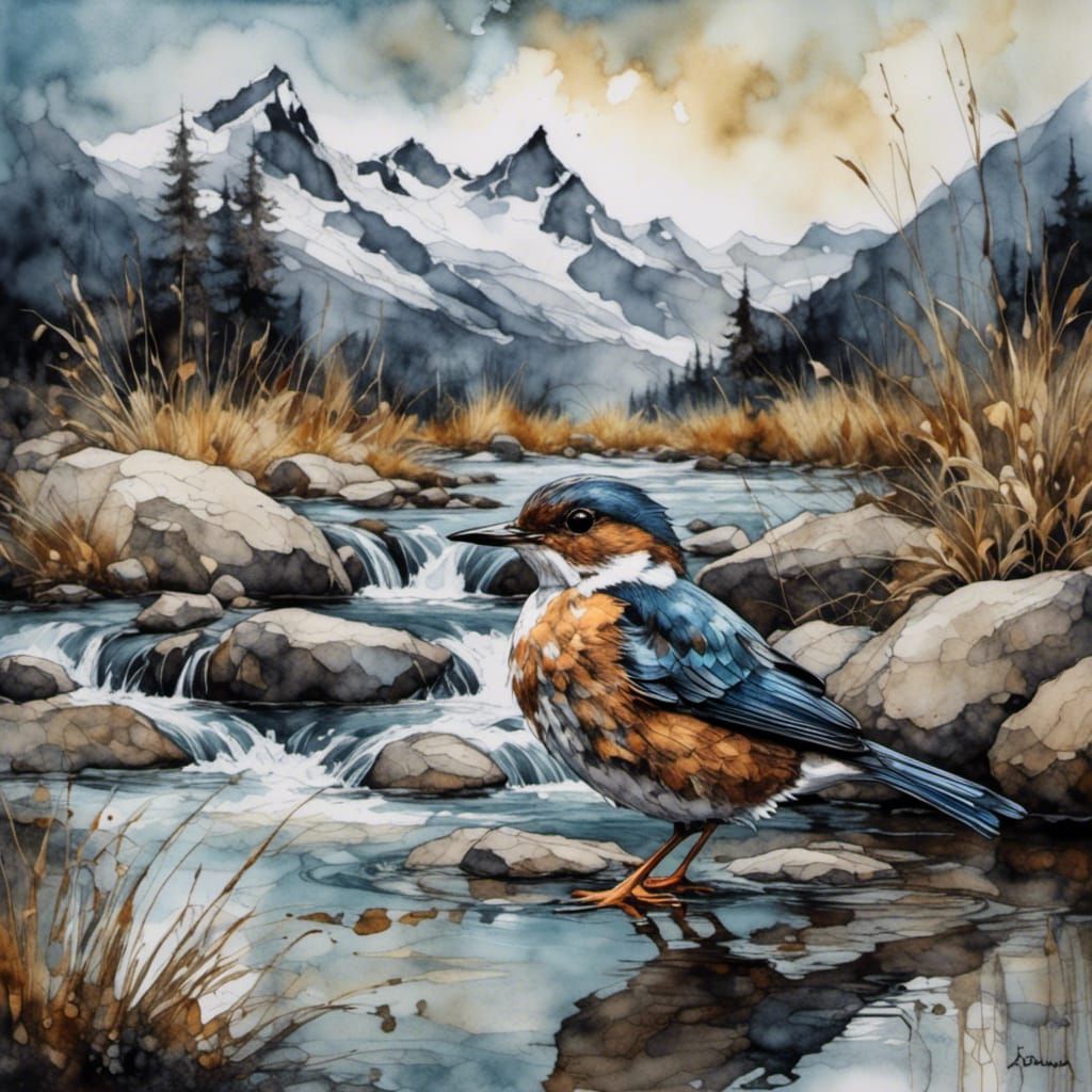 European Dipper Portrait in Ink Painting Style