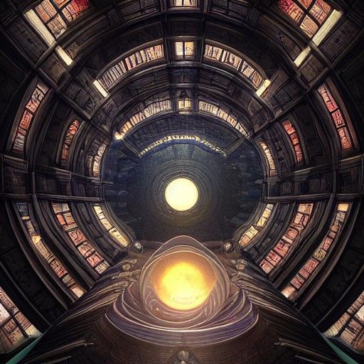staring up infite climbing celestial library spiraling towards light, books, spirals, escher, dark souls, bloodborne fan...