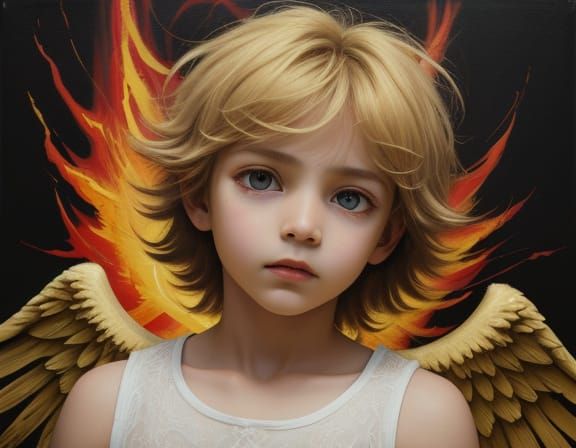Fallen Angel Boy with Fiery Aura in Cheerful Grunge Style