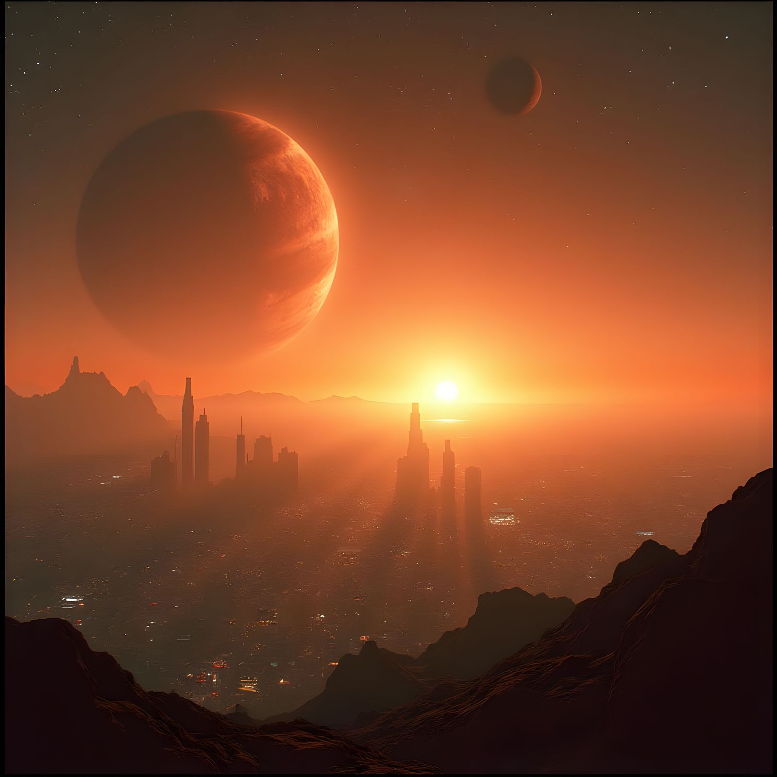 Hyperrealistic Sci-Fi Cityscape with Planets