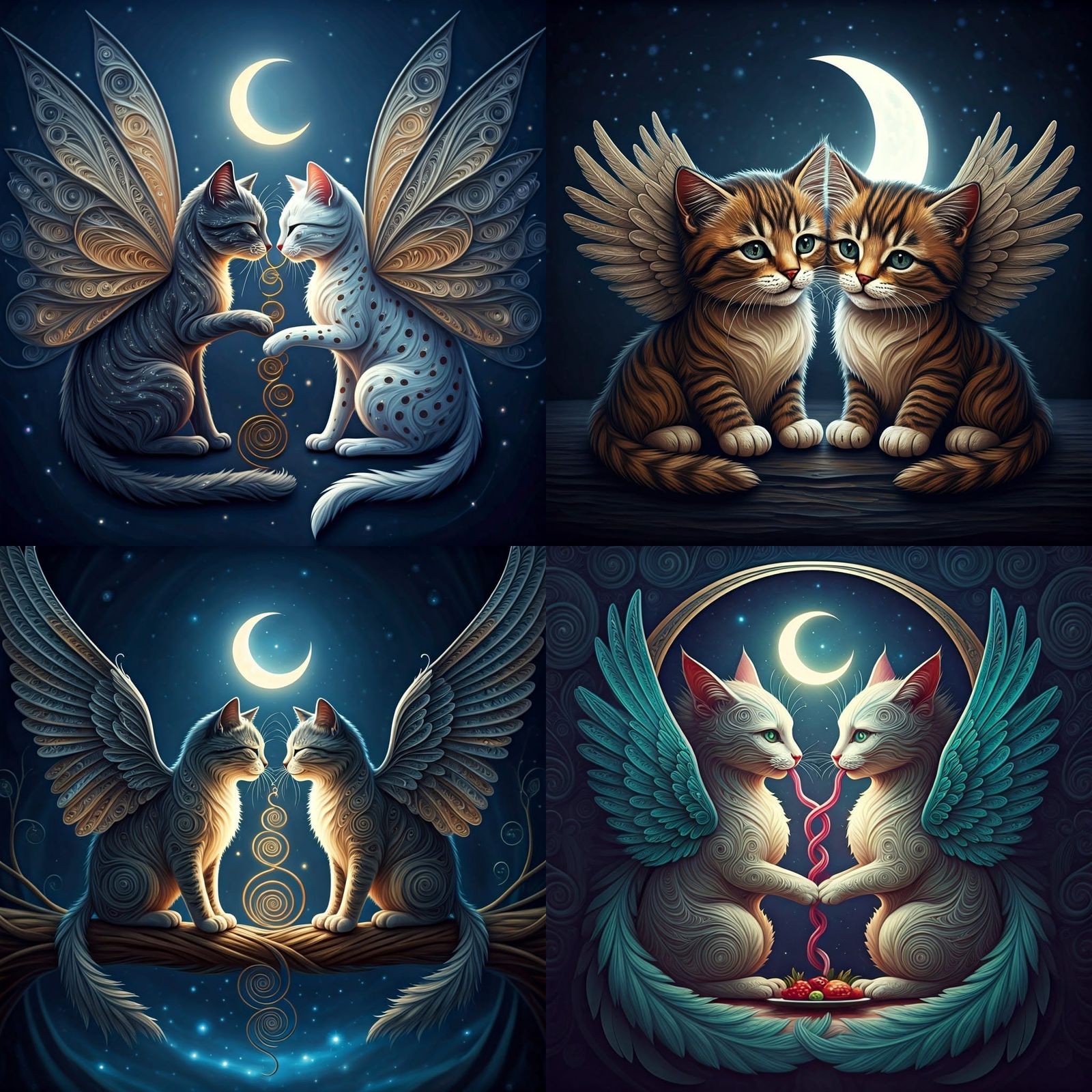 Quilling Style Cats Sharing Spaghetti Noodle Under Crescent ...