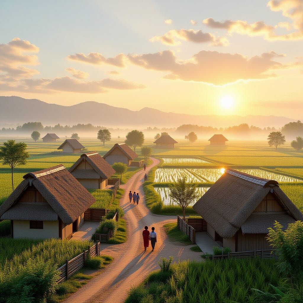 Peaceful Village at Sunrise with Rice Fields