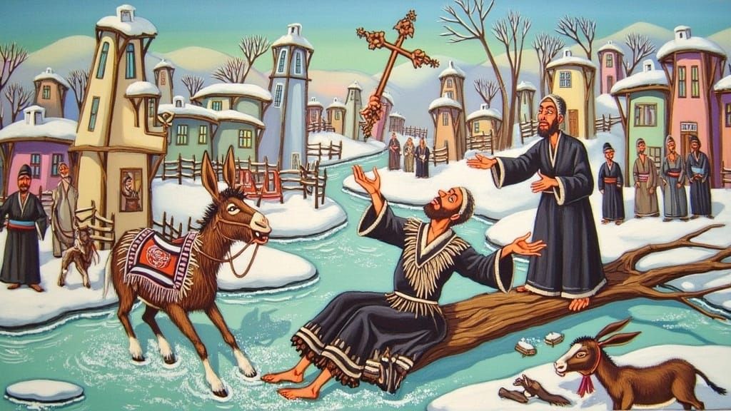 Orthodox Priests in Frozen River, Naive Art Style