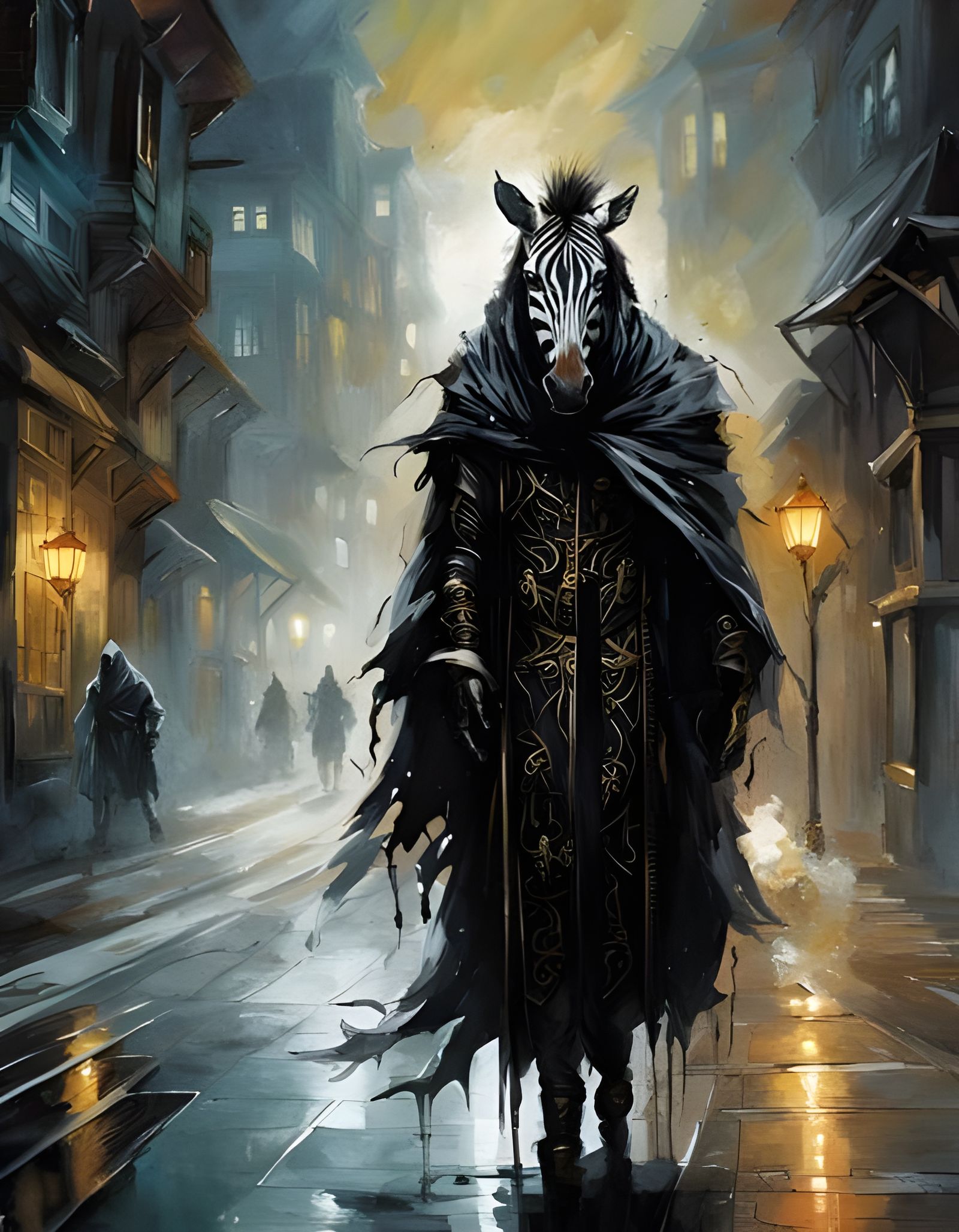 Mysterious Cloaked Zebra in Misty Cityscape