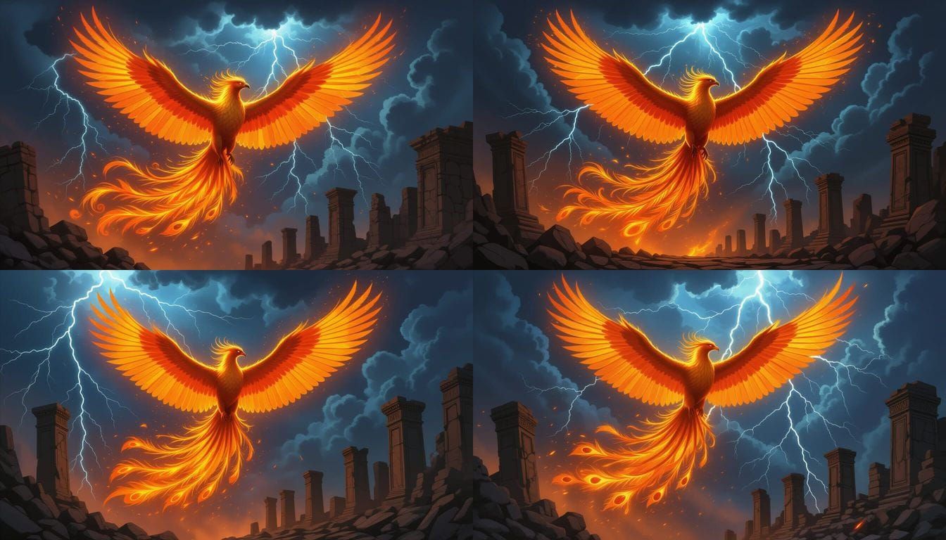 Majestic Phoenix Soars Through Stormy Sky Over Ruins