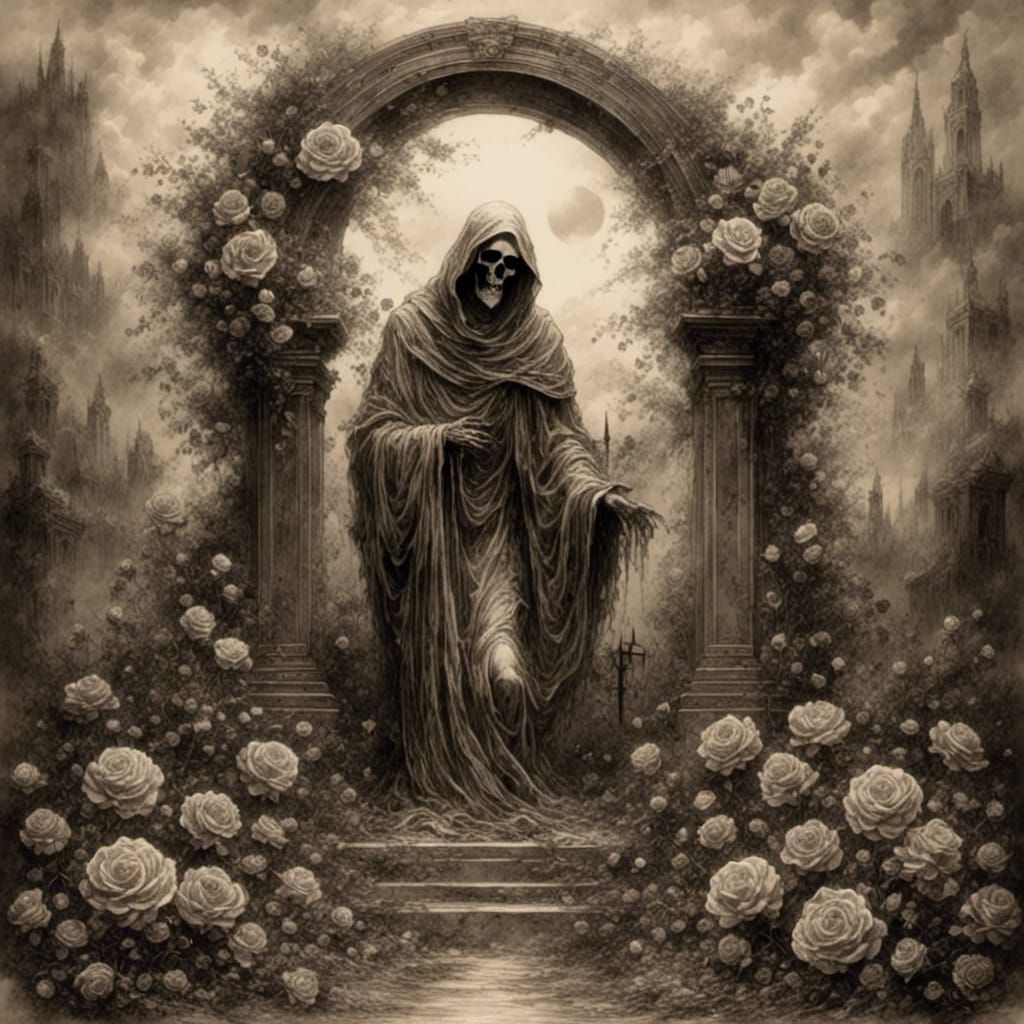 Moonlit Graveyard with Roses in Mist