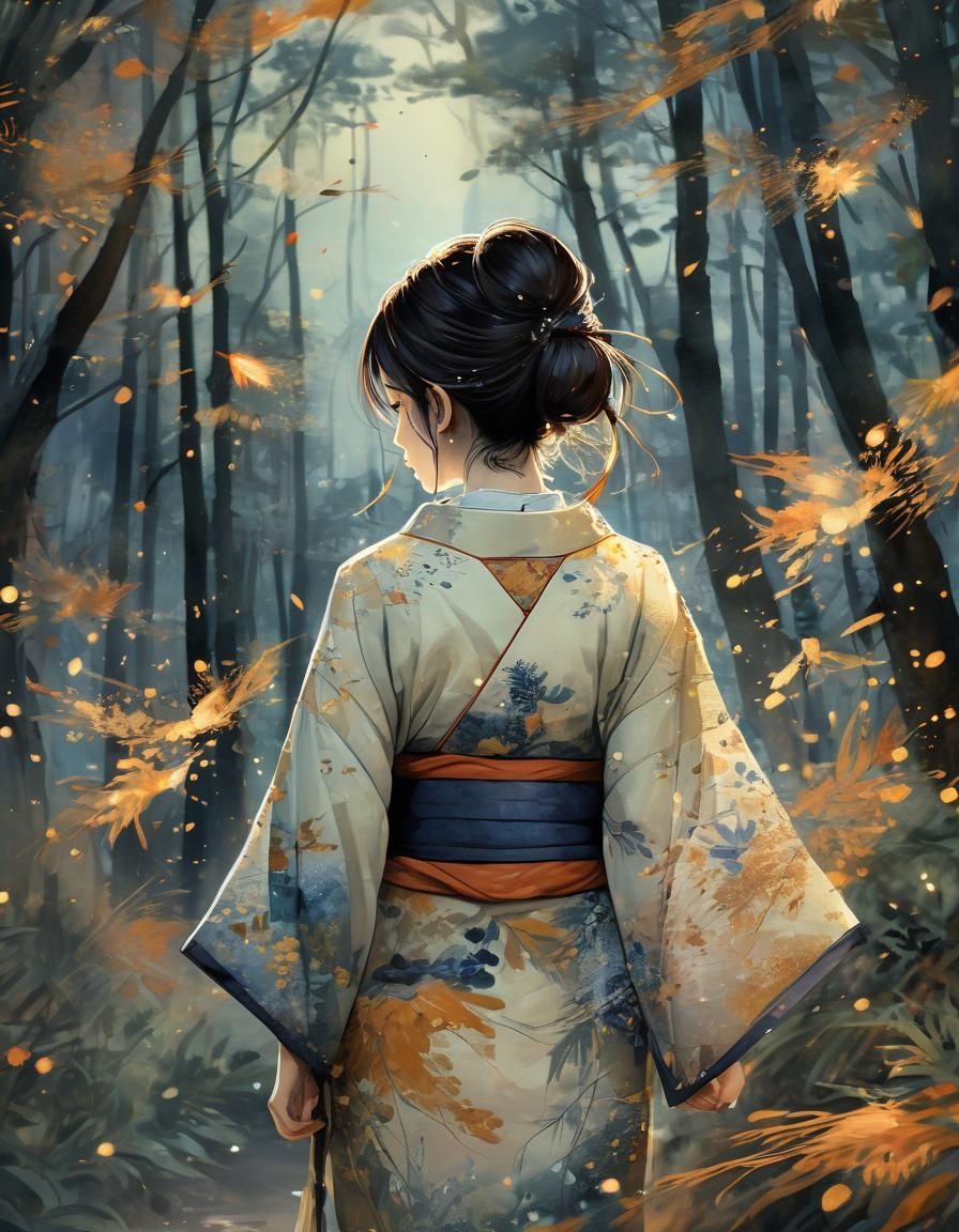 Girl in Forest with Fireflies: Watercolor Fantasy Art