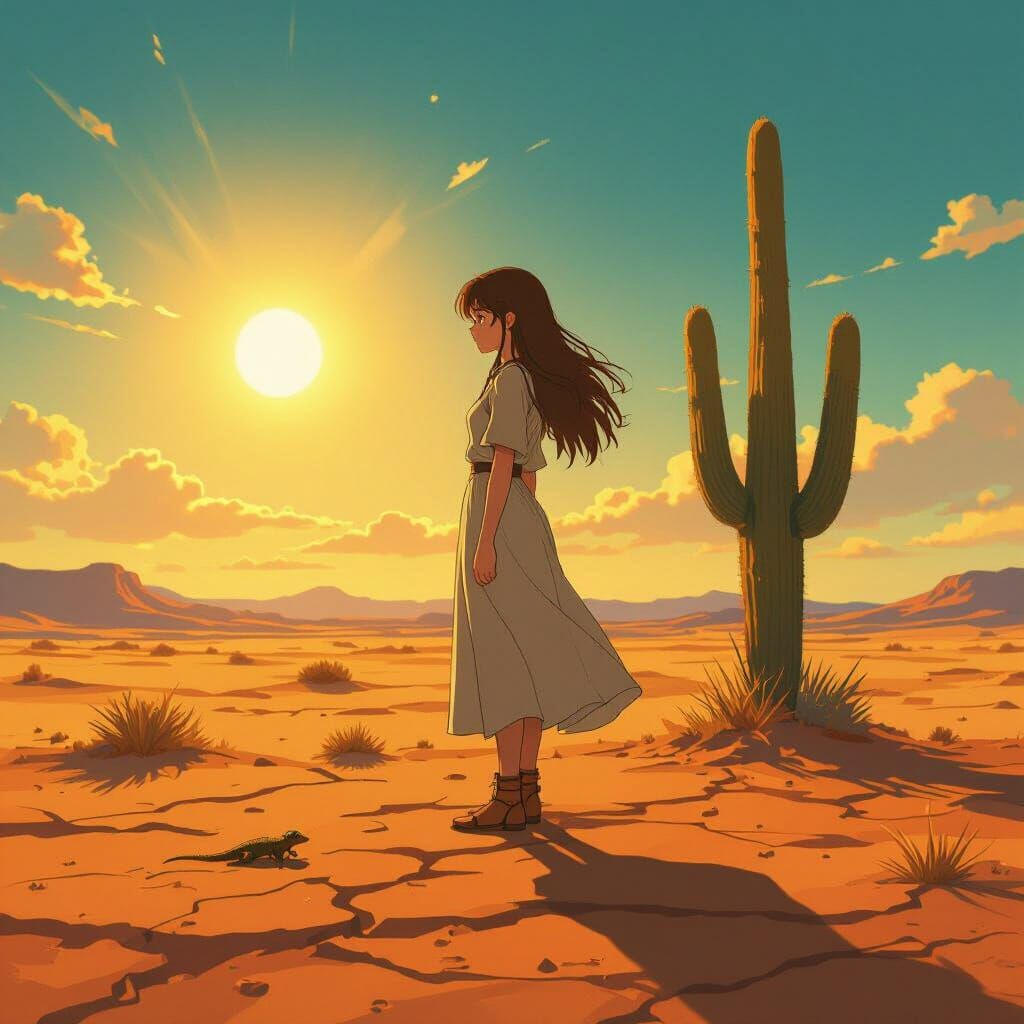 Anime Woman in Desert Landscape at Golden Hour