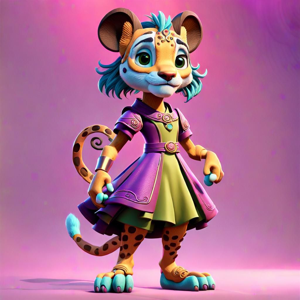 Lioness Cub in Green Gown: 3D Digital Art