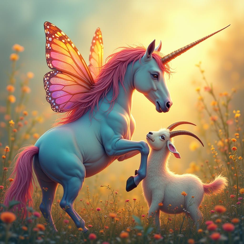Whimsical Unicorn and Winged Goat in a Vibrant Floral Meadow