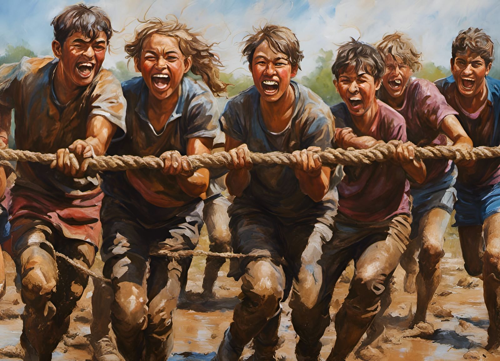 Laughing Faces in Muddy Tug-of-War Game