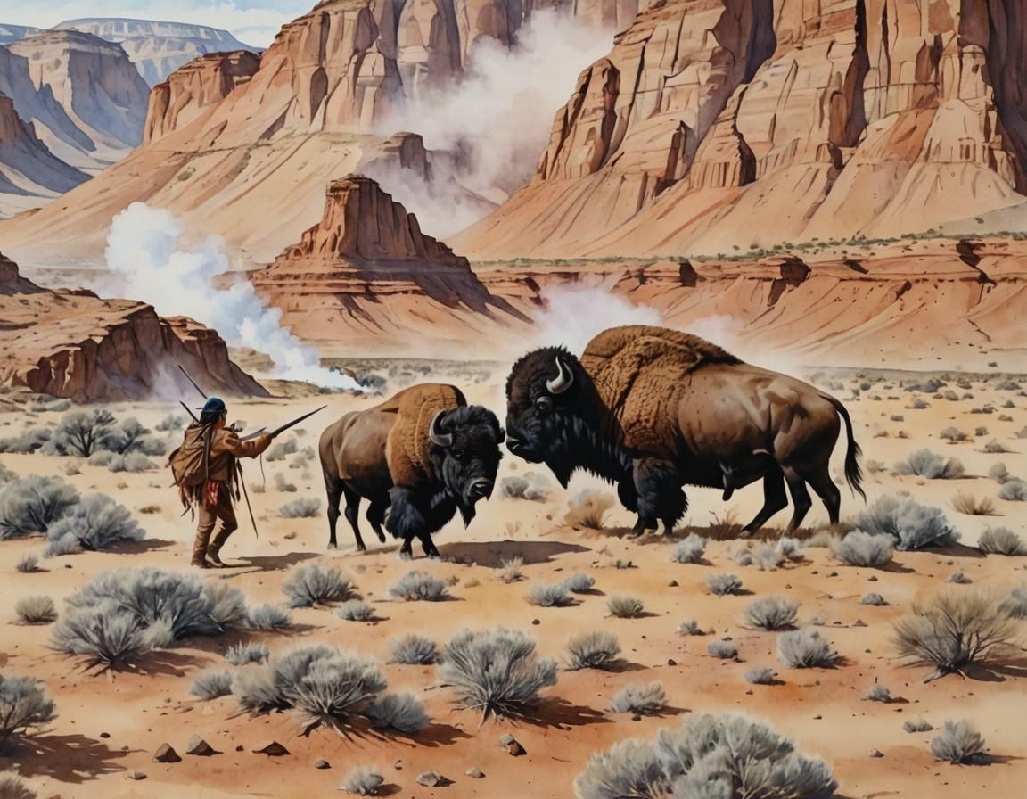 Native Americans Hunting Bison in Watercolor Style