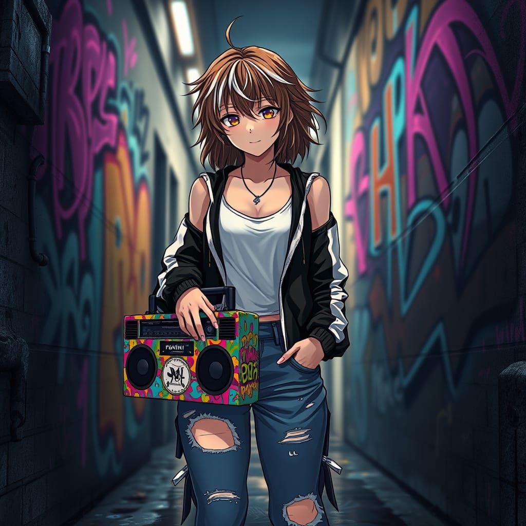 Vibrant Anime Girl in Urban Street Art Style