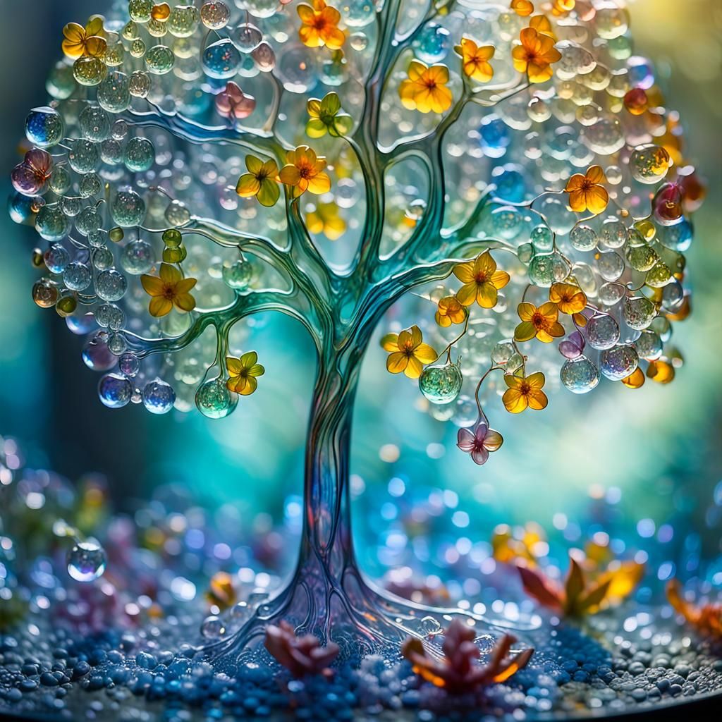 Ethereal Glass Art Sculpture with Floating Flowers