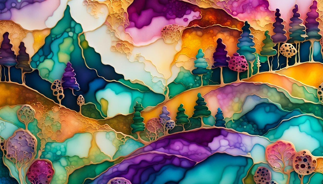 Dreamlike Landscape in Whimsical Alcohol Ink Style