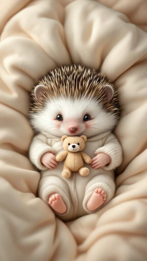 Joyful Hedgehog Receives a Teddy Bear Gift