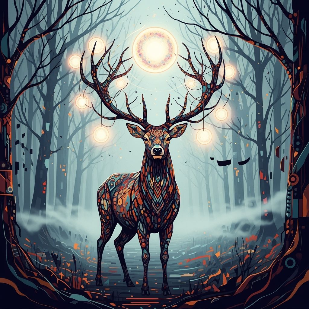 Majestic Deer With Celestial Orbs in Abstract Forest
