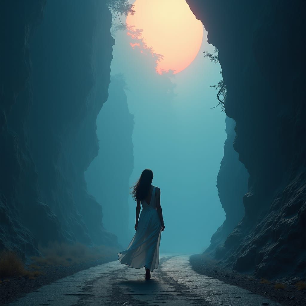 Elegant Woman Walks Towards Light: Concept Art