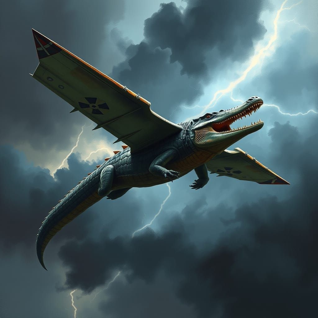 Futuristic Flying Crocodile with Warplane Wings in Stormy Sk...