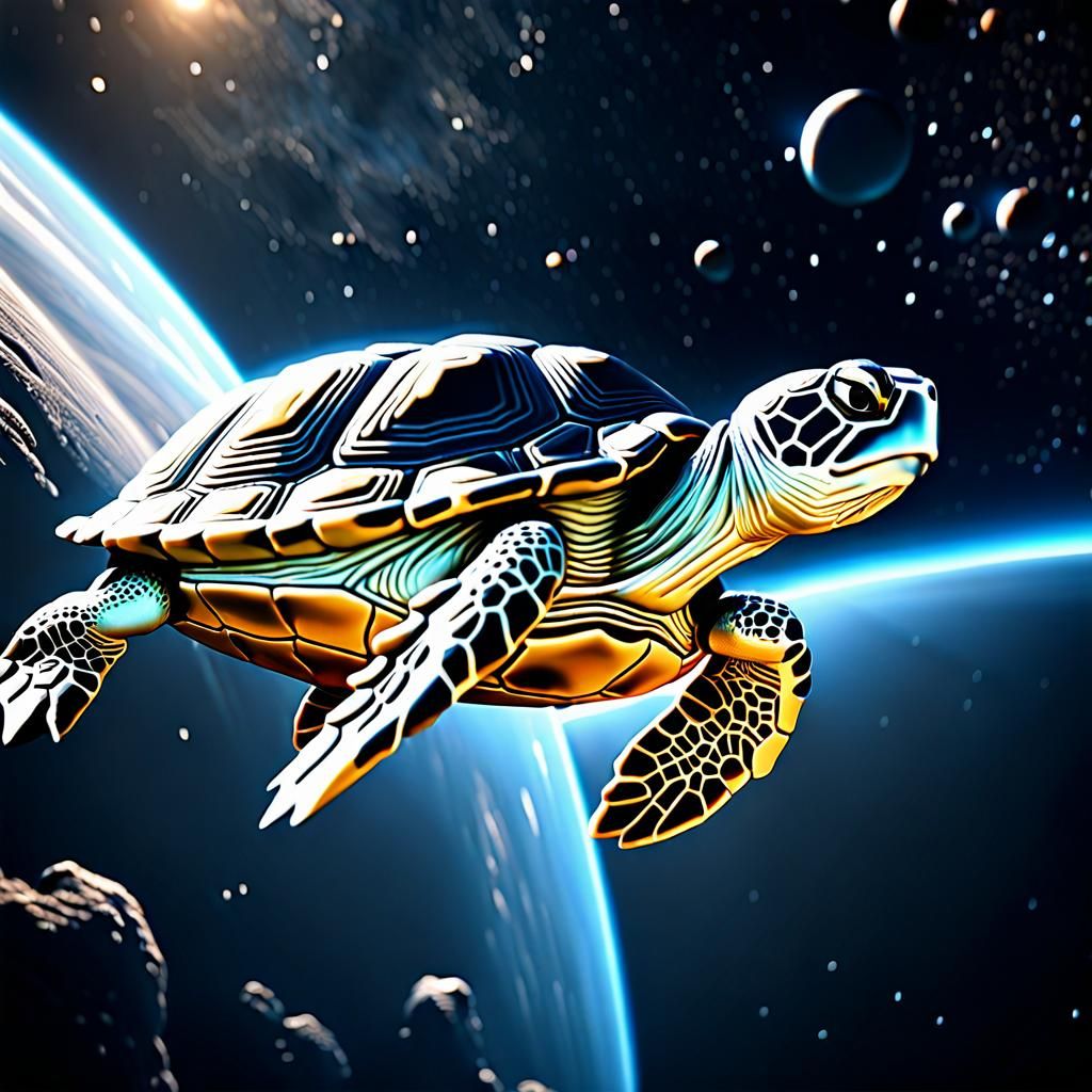 Upside Down Turtle in Space: Hyperrealistic 8K Render