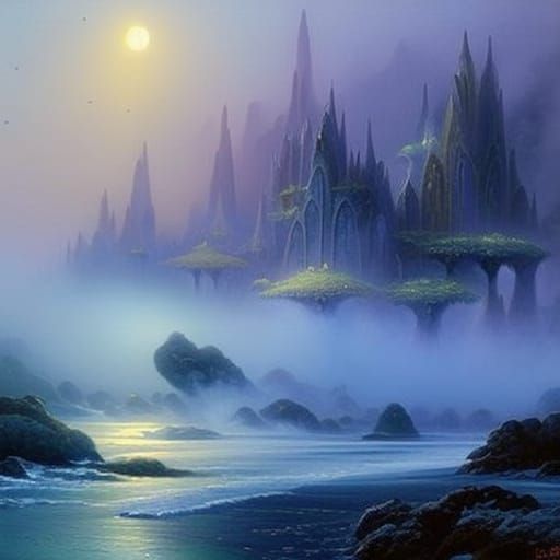 Ethereal Elven City on Beach in Fantasy Style