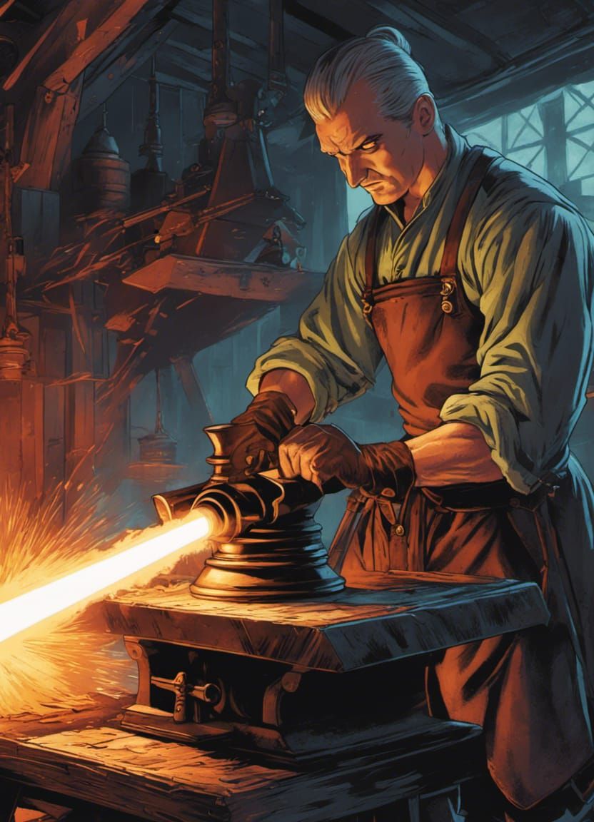 Blacksmith Forging Sword with Laser in Dark Fantasy Style