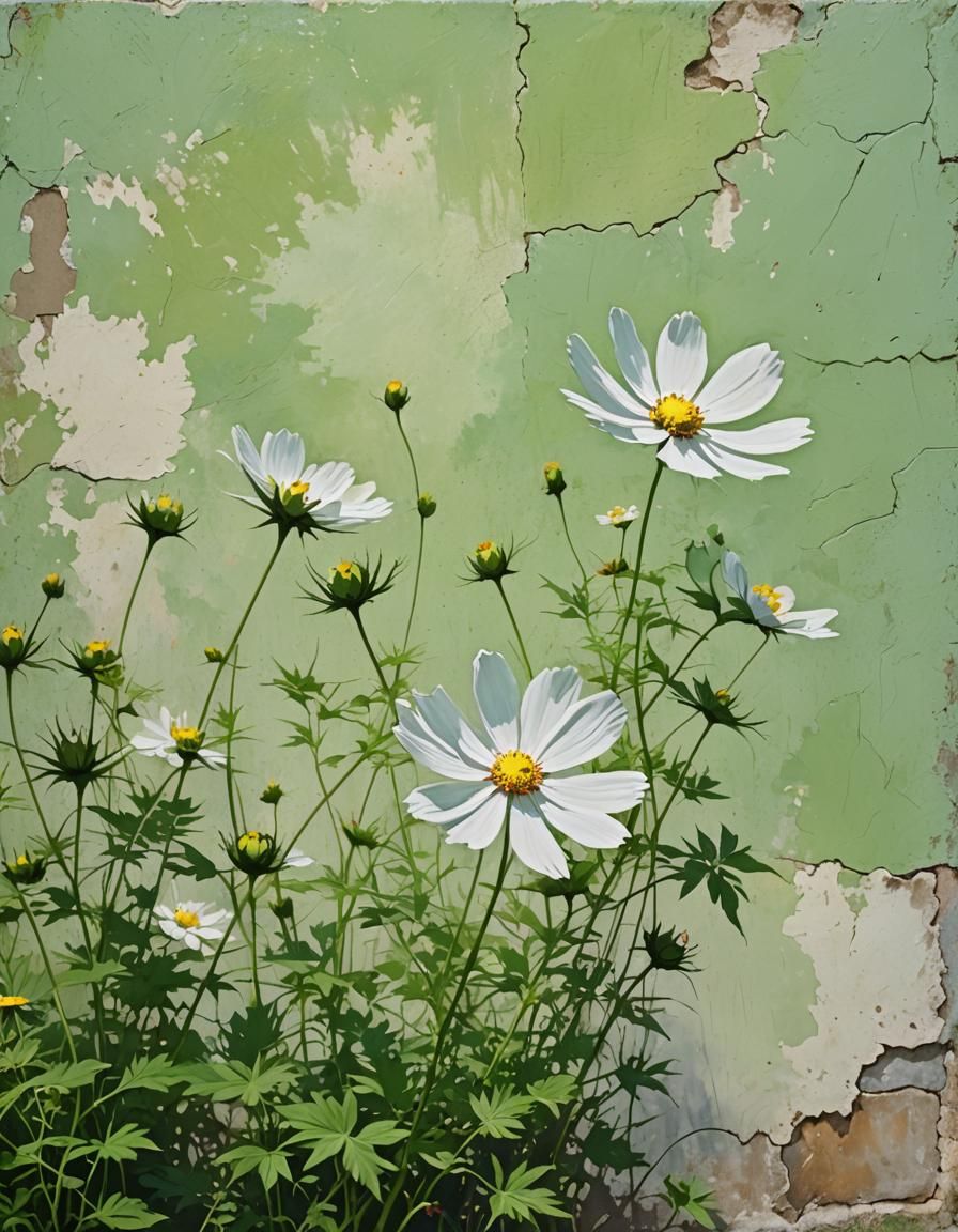 Cosmos Flower Painting Against Green Wall