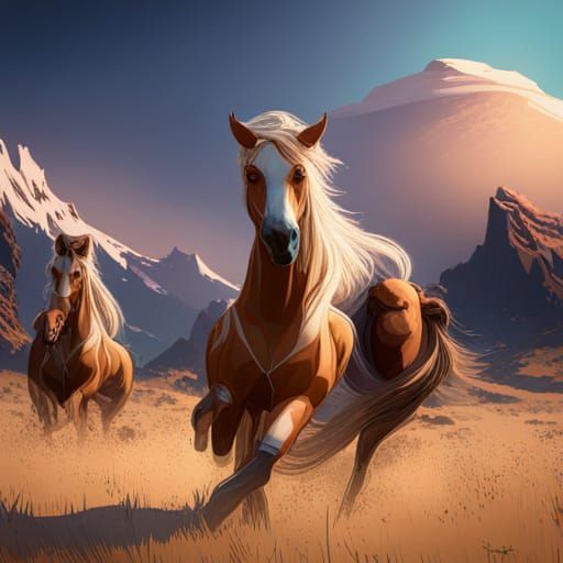 Horses in Hyperdetailed Orange and Teal Concept Art