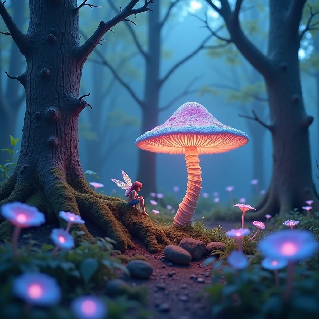 Enchanted Fairy Mushroom House in Bioluminescent Forest